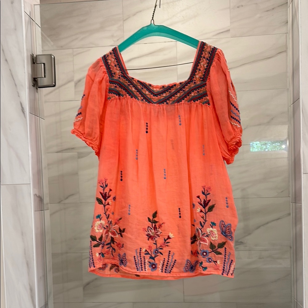 Johnny Was Pink and Orange Embroidered Puff Sleeve Blouse